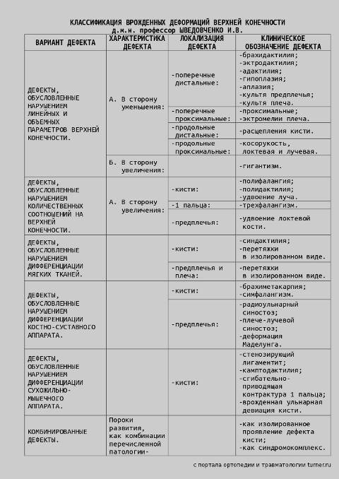 Классификация врожденных пороков верхней конечности И.В. Шведовченко